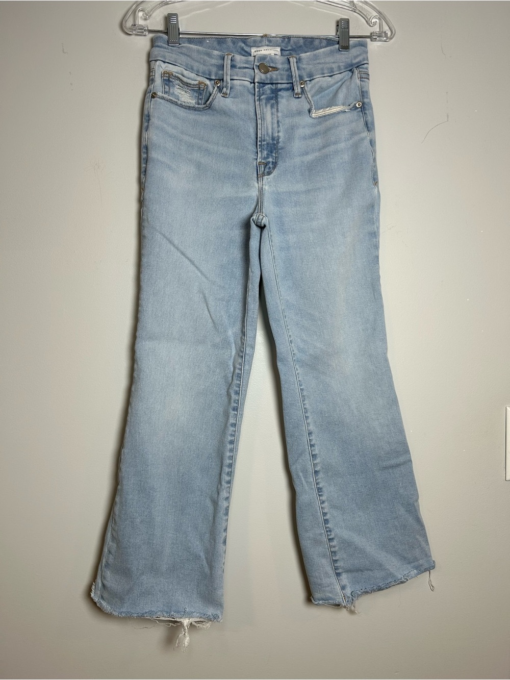 Good American good legs crop mini boot jeans light wash raw hem size 4/27